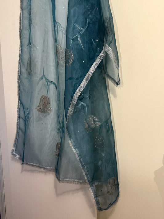 Turquoise hand-painted dupatta